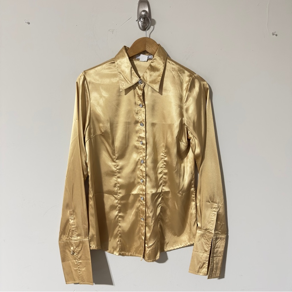Ruby Karat Gold Satin Button Up Blouse Size Medium, Long Sleeve Metallic Shirt